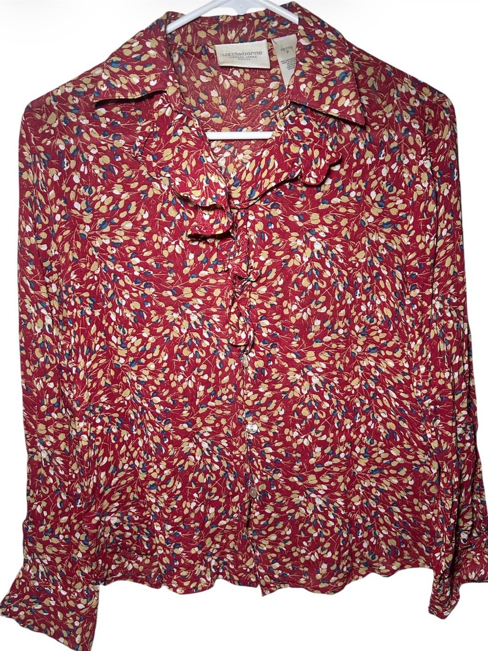 Liz Clairborne Burgundy‎ Floral Ruffle Sheer Button-Down Shirt Long Sleeve PM
